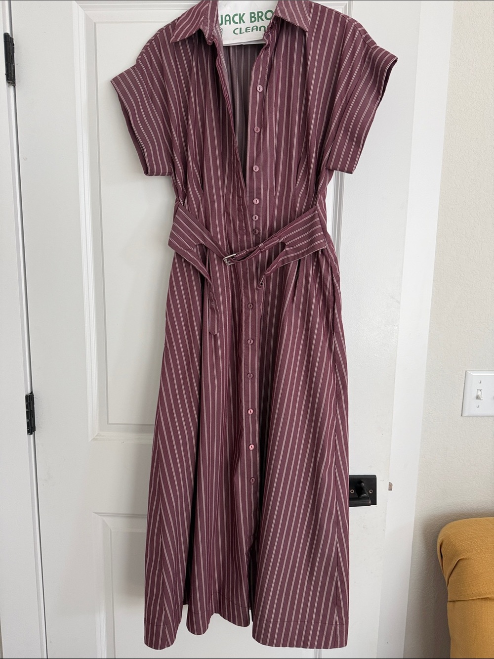 Exquise Striped Button-Front Maxi Dress with Belt - Wine